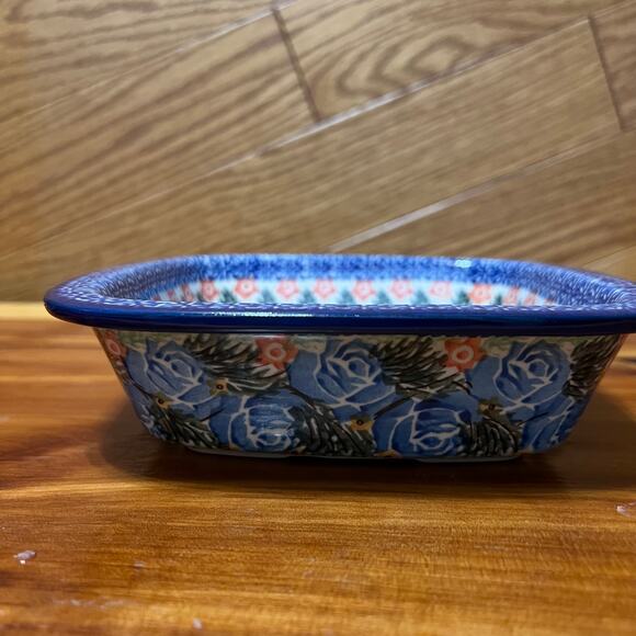 Polish Stoneware Pottery Ceramic UNIKAT Square 1803 Blue Floral Nakoneczna Baker - Picture 7 of 8
